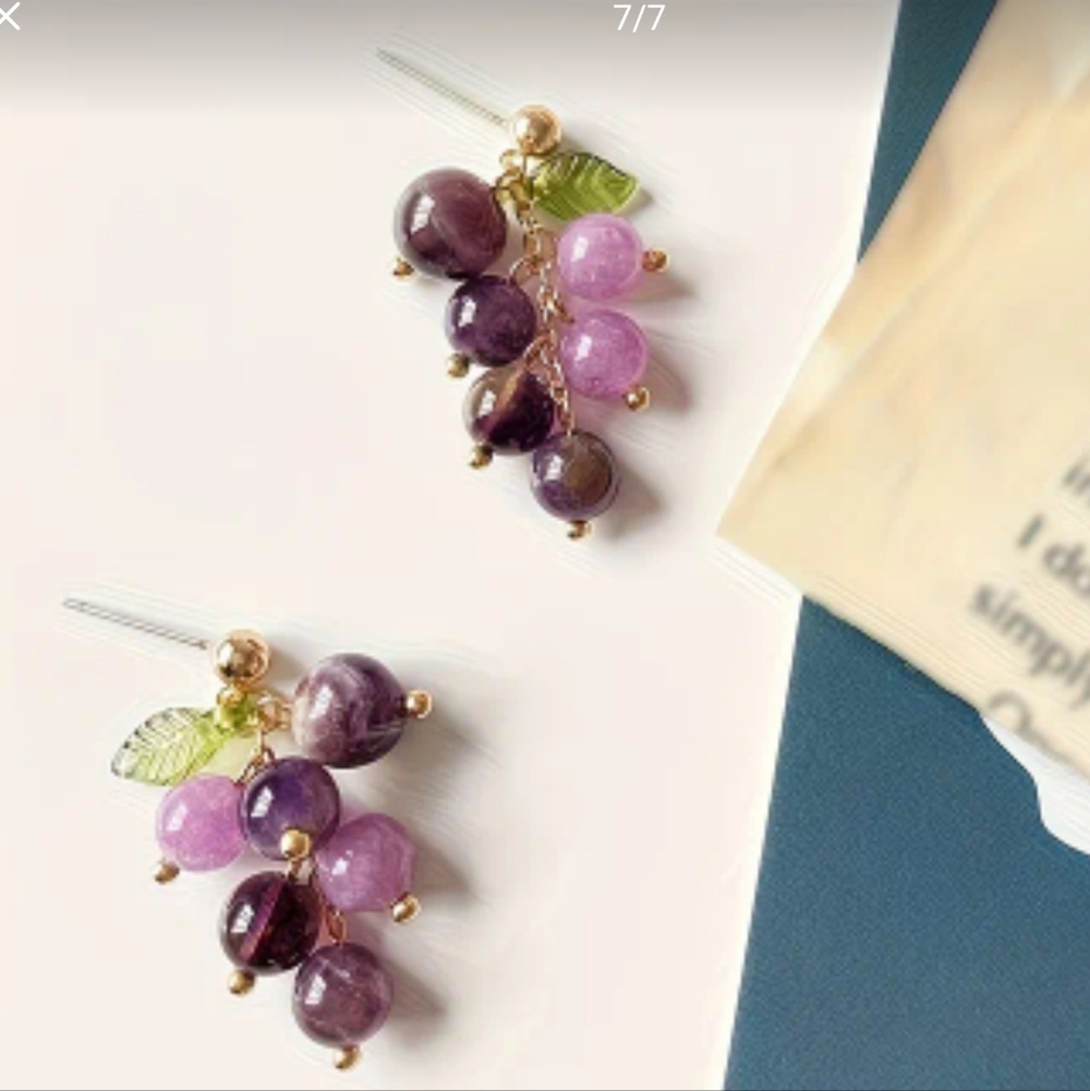 Purple Grape Cluster Dangle Earrings - Picture 3 of 3
